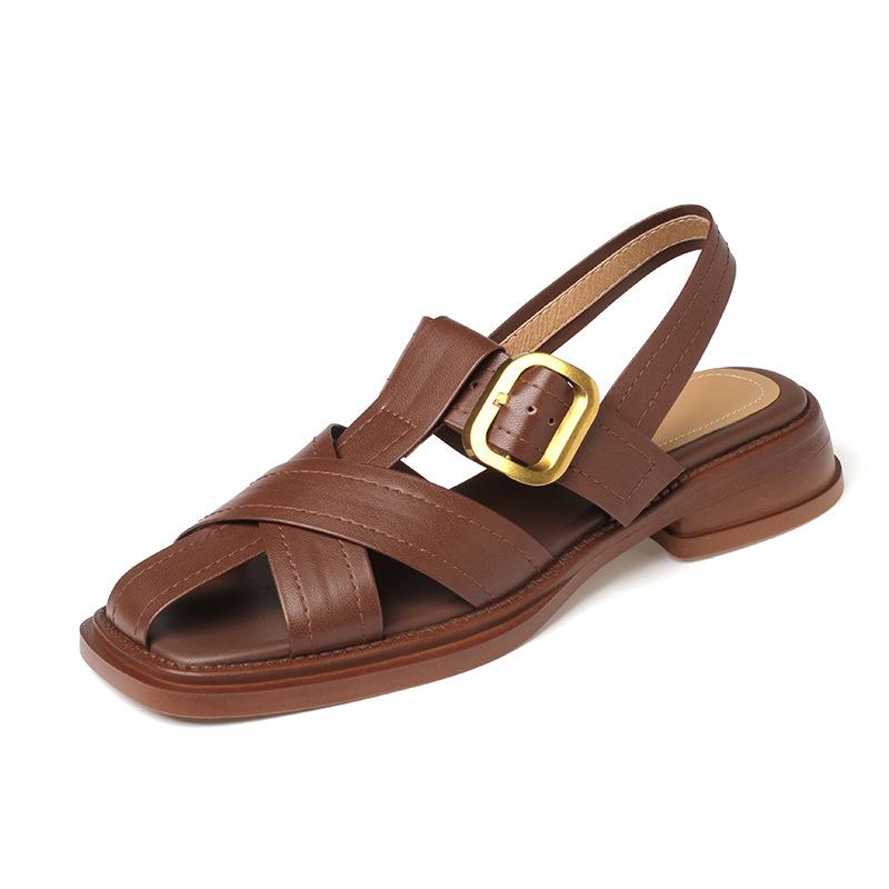

Модные кожаные сандалии с ремешком и пряжкой, женские летние сандалии на низком каблуке в римском стиле, гладиаторские, женский брендовый дизайн, винтажные плетеные сандалии 35