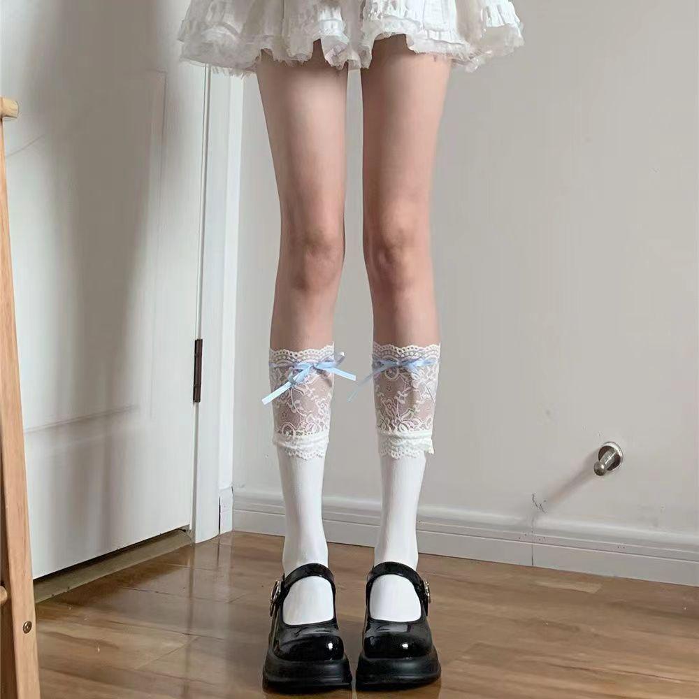 Lolita Lace Bow Over-the-Knee Socks - Japanese Style White Knee-High with Ribbon Tie