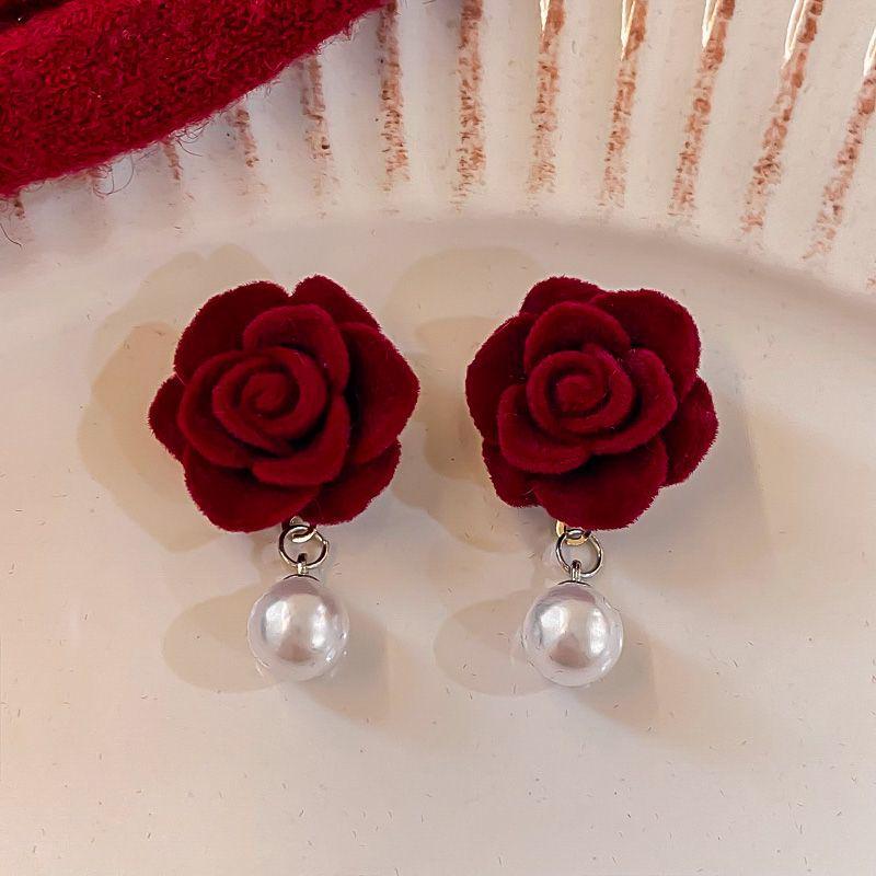Wine Red Velvet Rose Hoop Tassel Earrings: Retro 2025 Women s Accessories