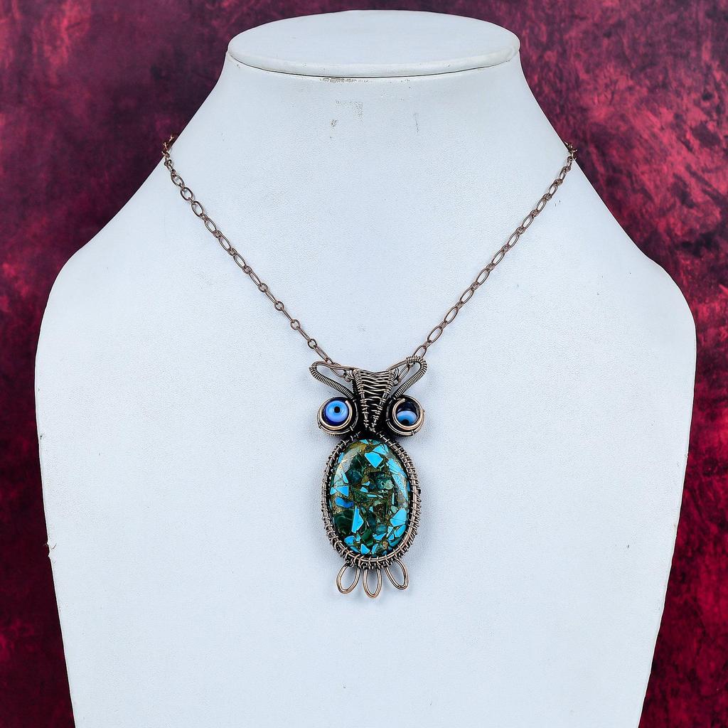 Copper Blue Turquoise Gemstone Pendant Owl Pendant Copper Wire Wrapped Blue Color Evil Eye Jewelry