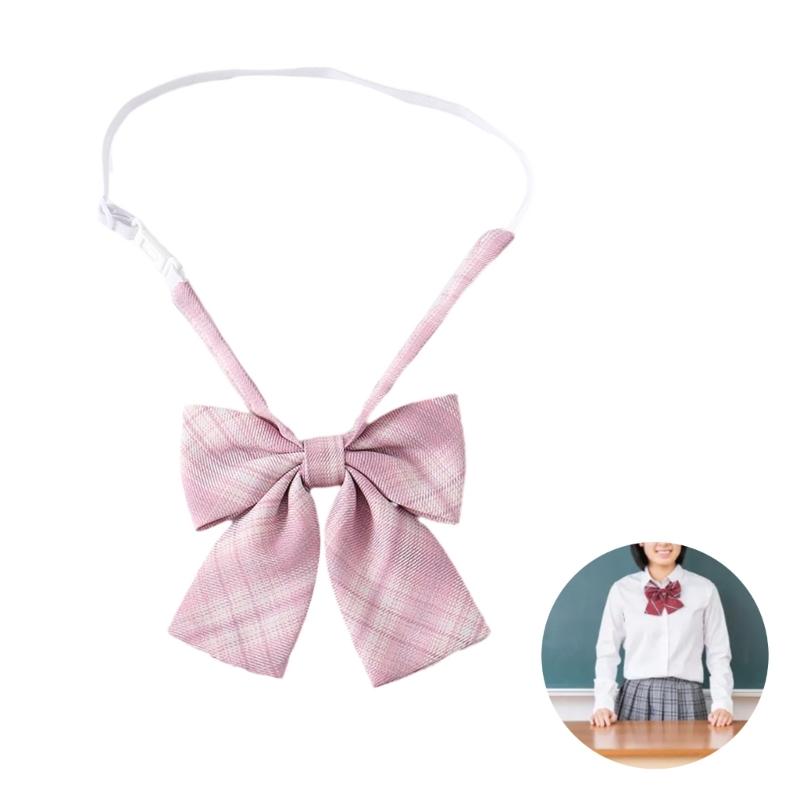 Japanese JK Girl Pink Checkered Neck Tie Bowknot School Student Uniform Pre-Tied Adjusted Bowtie for Cosplay Parties