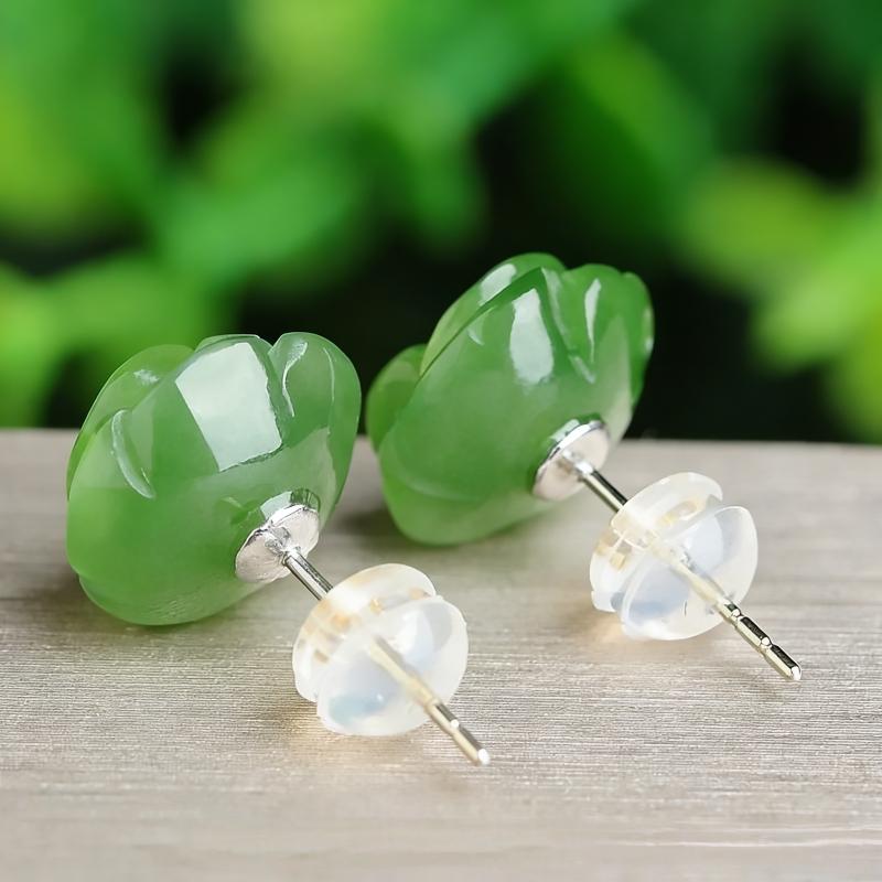 Green Natural Real Jade Rose Earrings Ear Studs Vintage Gemstone Jewelry Talismans Energy Amulet Luxury Gifts for Women Girl