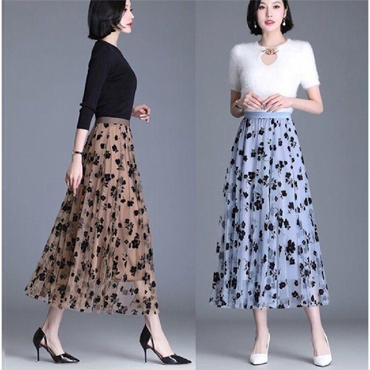 Korean Women Tulle Skirt Fashion Summer Hook Floral Loose Midi Skirt Elegant Casual Mesh Skirts