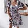 Waist Ruffle Balloon Sleeves Dress Floral Chic Square Neck Summer