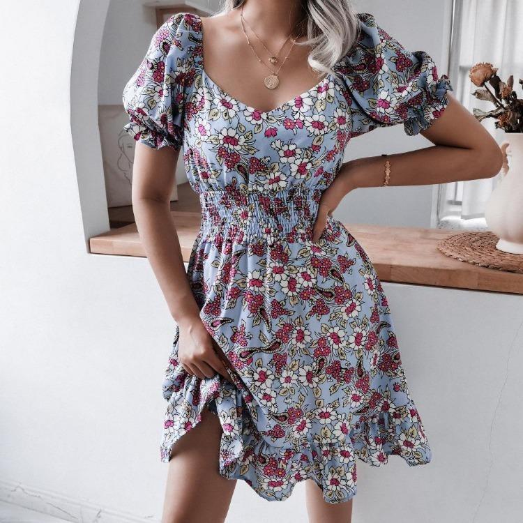 Floral Square Neck Dress with Waist Ruffle Balloon Sleeves Chic Summer