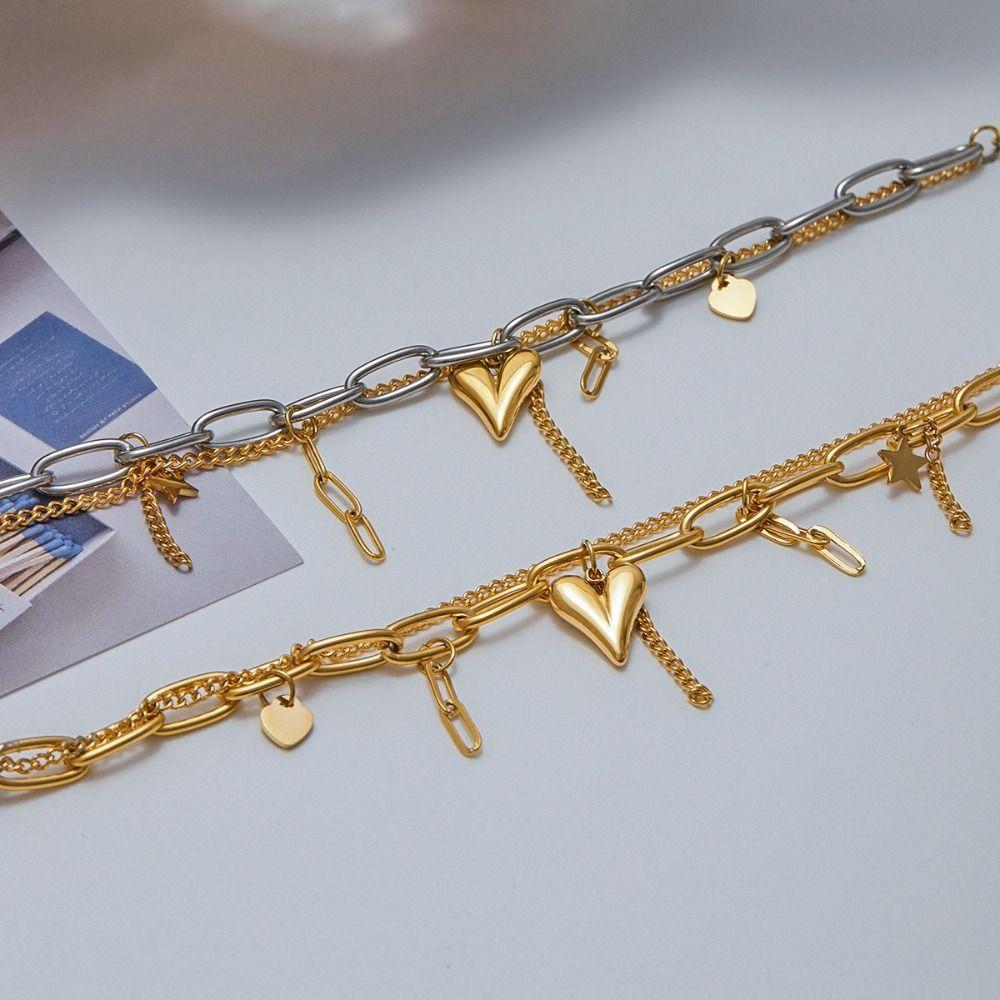 Cuban Chain Heart Charm Bracelet Stainless Steel Layered Bracelet Romantic Jewelry