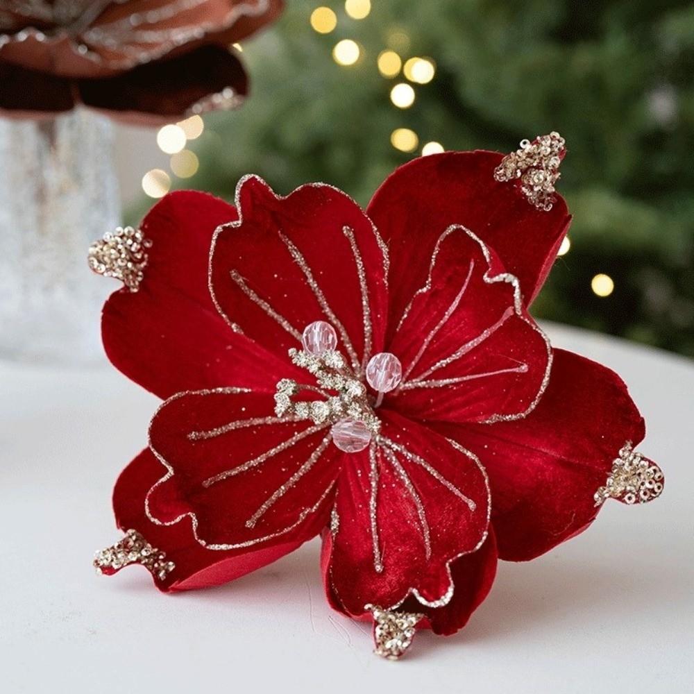 22cm Artificial Christmas Flower Realistic Beautiful Christmas Poinsettia Shiny Handmade Christmas Tree Wreath New Year Decor