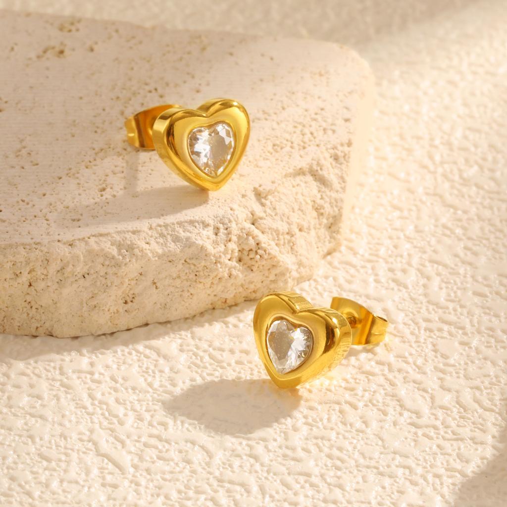 Chic Heart-shaped Zircon Stud Earrings,Gold Plated Stainless Steel Waterproof Earrings for Women,Exquisite Jewelry Gift