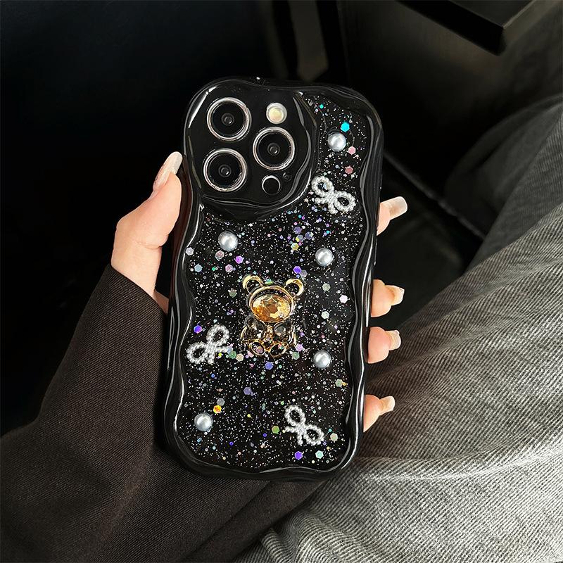 For Apple 17 Pro Diamond Bear Phone Case Light Luxury for IPhone 15 Plus Small Fragrant Style Ins Tie Sparkling Pink