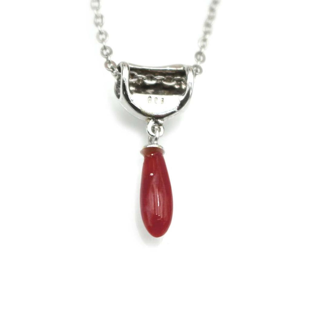 [Craftsman's Crafts Museum] Blood Red Coral Teardrop Pendant, Silver Fittings, Drop Pendant Top, 40cm Plated Chain Included, Undyed Coral