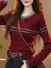 Women's Red Striped Knit Sweater - Long Sleeve Color-Block Slim Fit Waist-Cinching Base Layer for Autumn/Winter