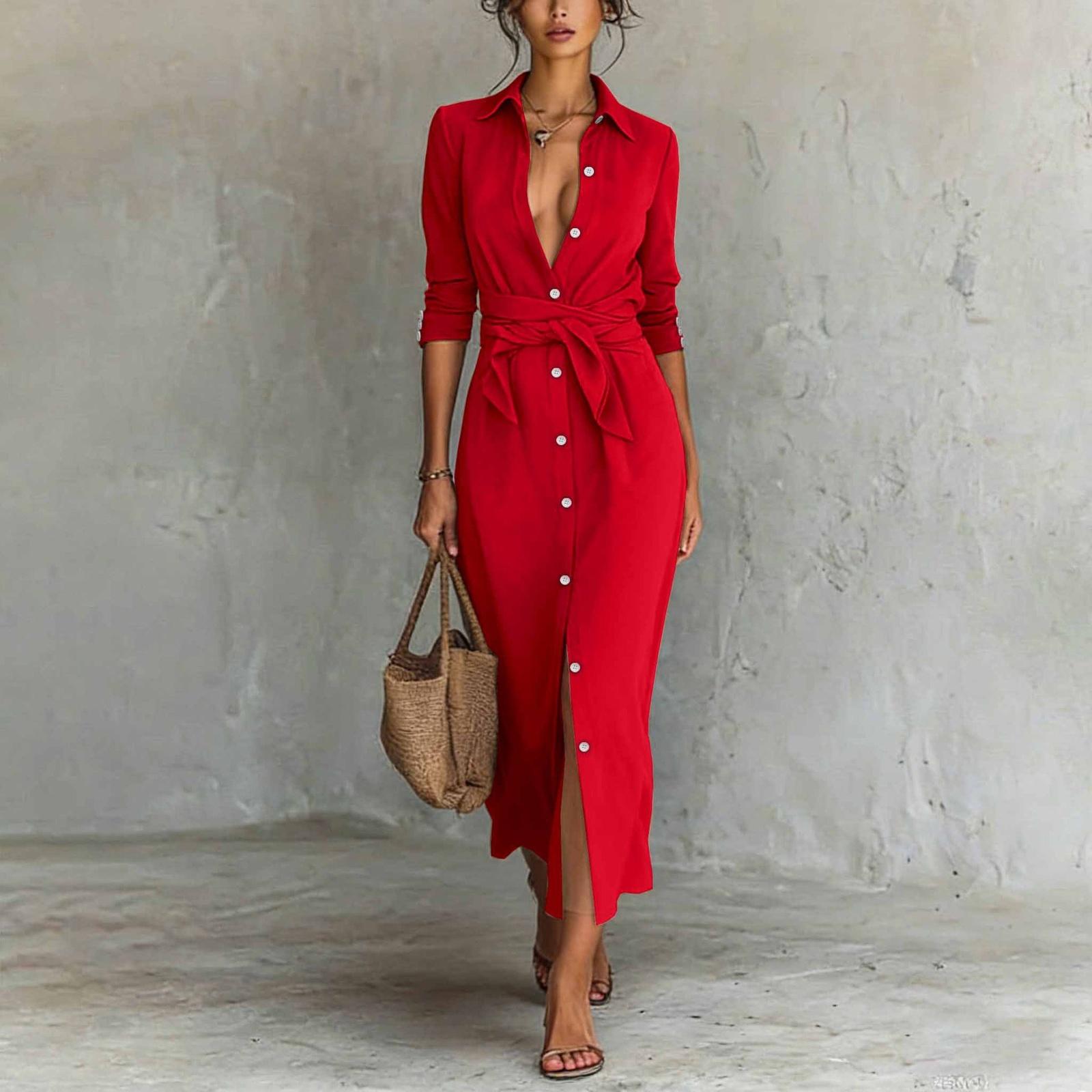 

Women s Long-sleeved Elegant Casual Tie-waist Button-down Shirt Dress XXXL червоний