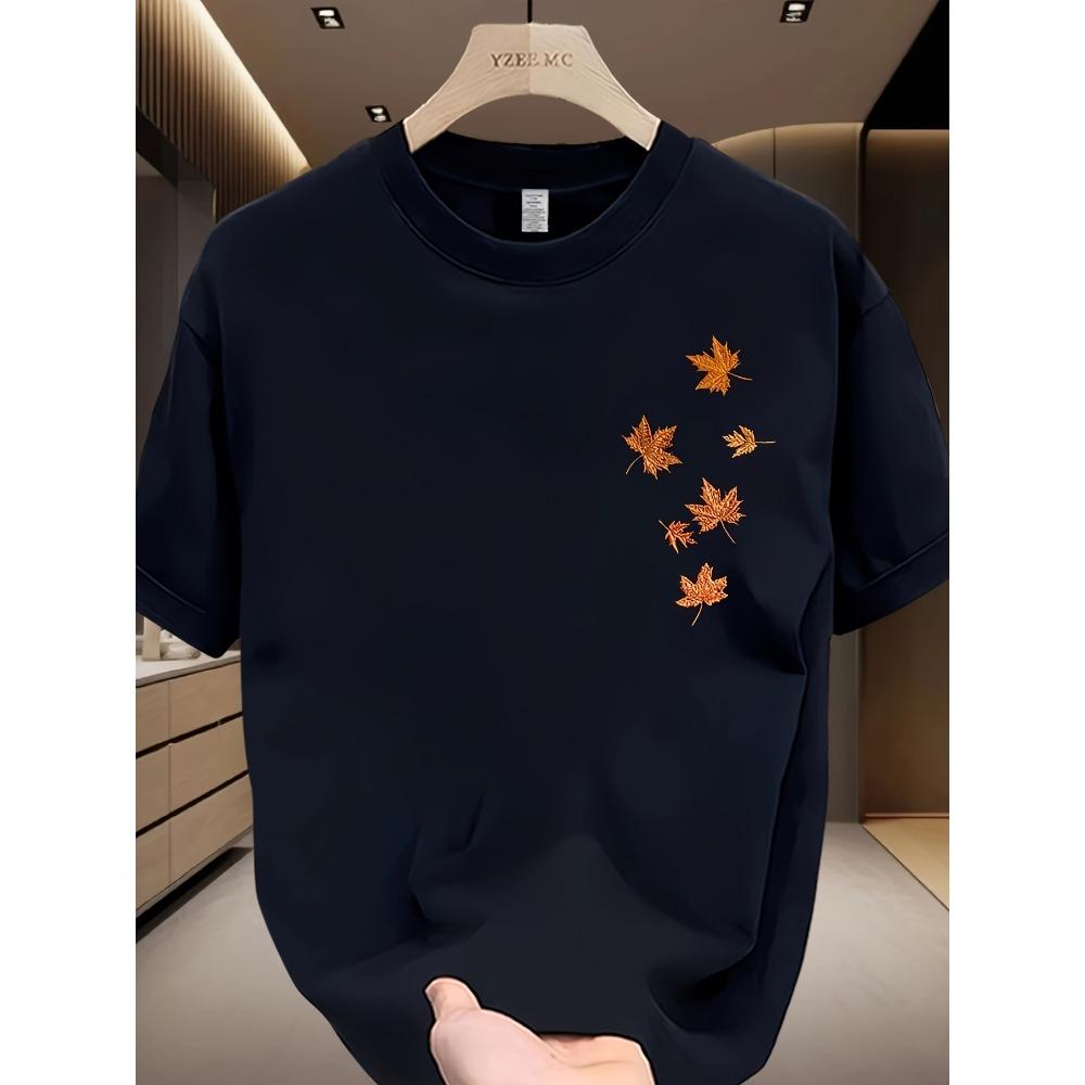 Men Cotton Short-Sleeve T-Shirt Casual Loose Fit with Subtle Maple Leaf Print Summer Collection Men Clothing