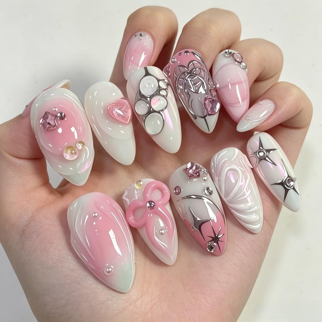 10 Pcs Y2K Pink White Handmade Short Almond Press On Nails With 3D Bow Heart Rhinestone Reusable Acrylic False Nails