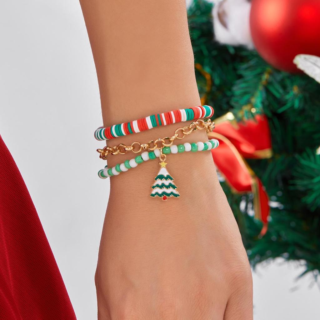 New Snowflake & Christmas Tree Beaded Bracelet - Festive Polymer Clay Jewelry