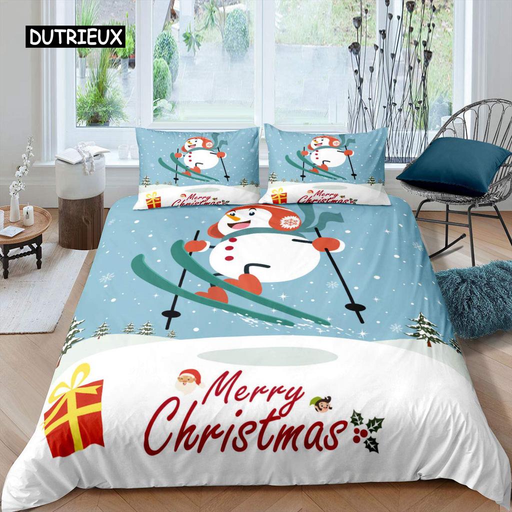 Schneemann Bettbezug Set Kinder Mädchen Weihnachten Bettdeckenbezug Winter Schnee Bettwäsche Set Neujahr Cartoon Stil Polyester Steppdeckenbezug