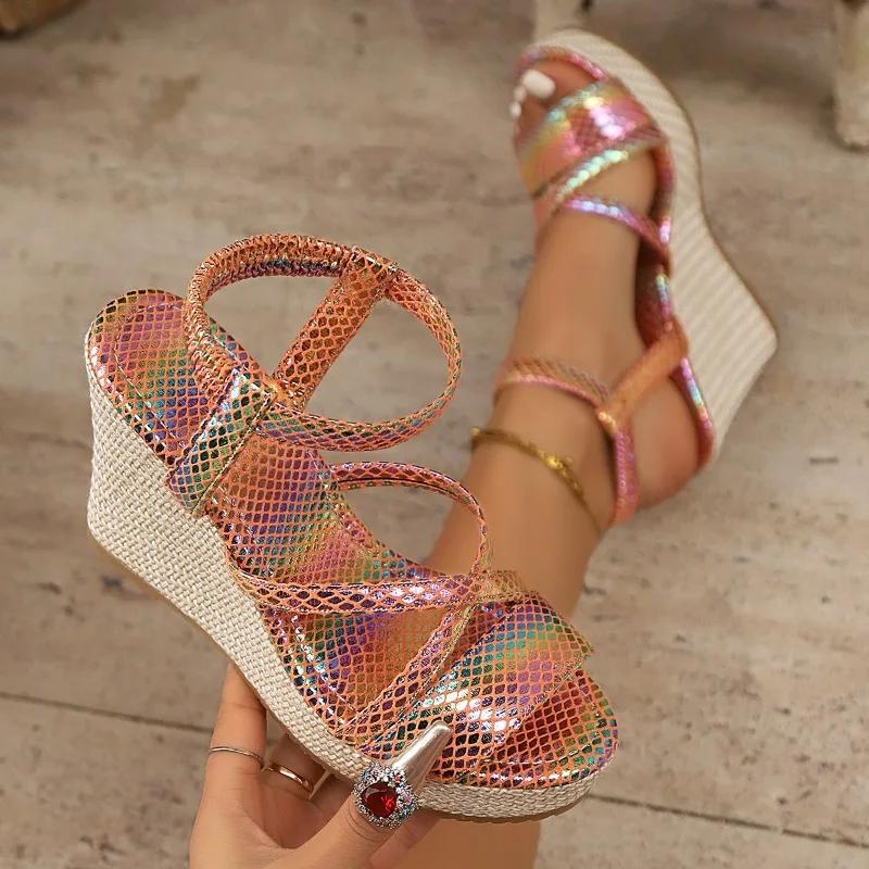 Fashion Summer New Style High Heel Sandals for Women Round Head Open Toe Waterproof Platform Anti-slip Wear-resistant Slope Heel Shoes