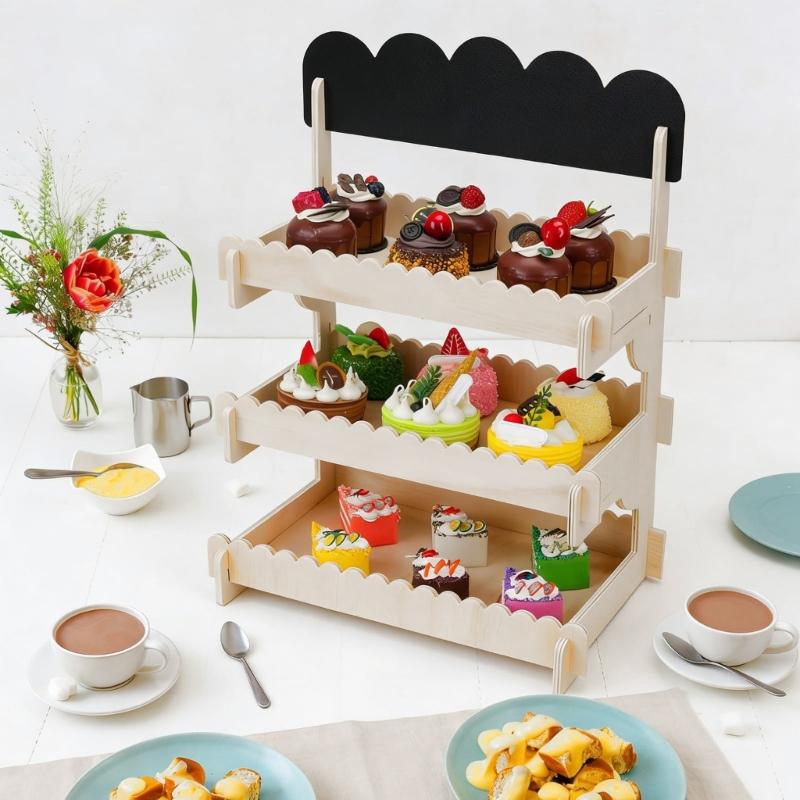 Wood Cake Stand With Sturdy Thick Base And Customes Chalkboard For Secure Dessert Presentation In Parties And Cafes