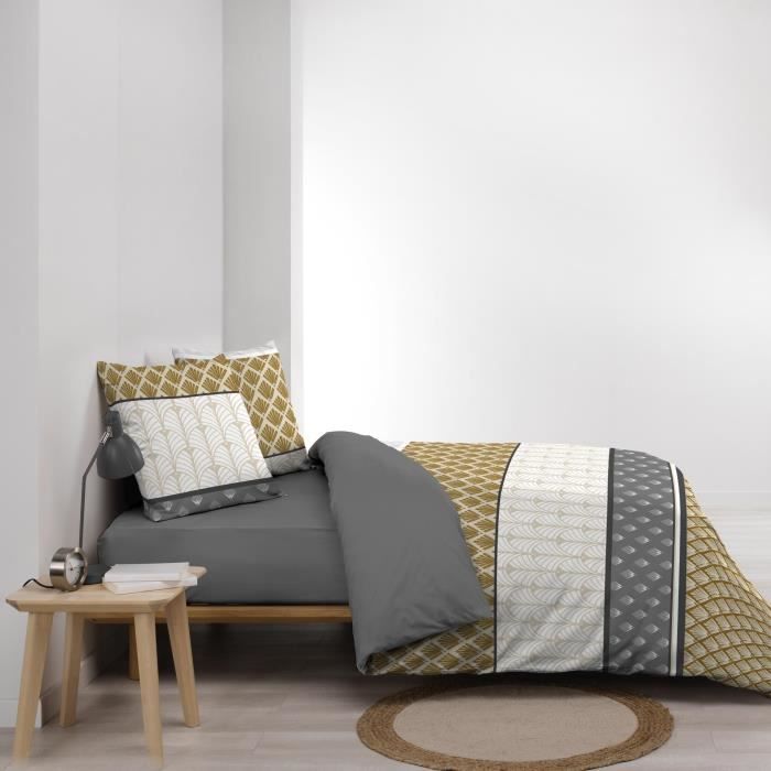 Housse Couette + 2 Taies Polycoton 220 X 240 Cm Strie Ocre