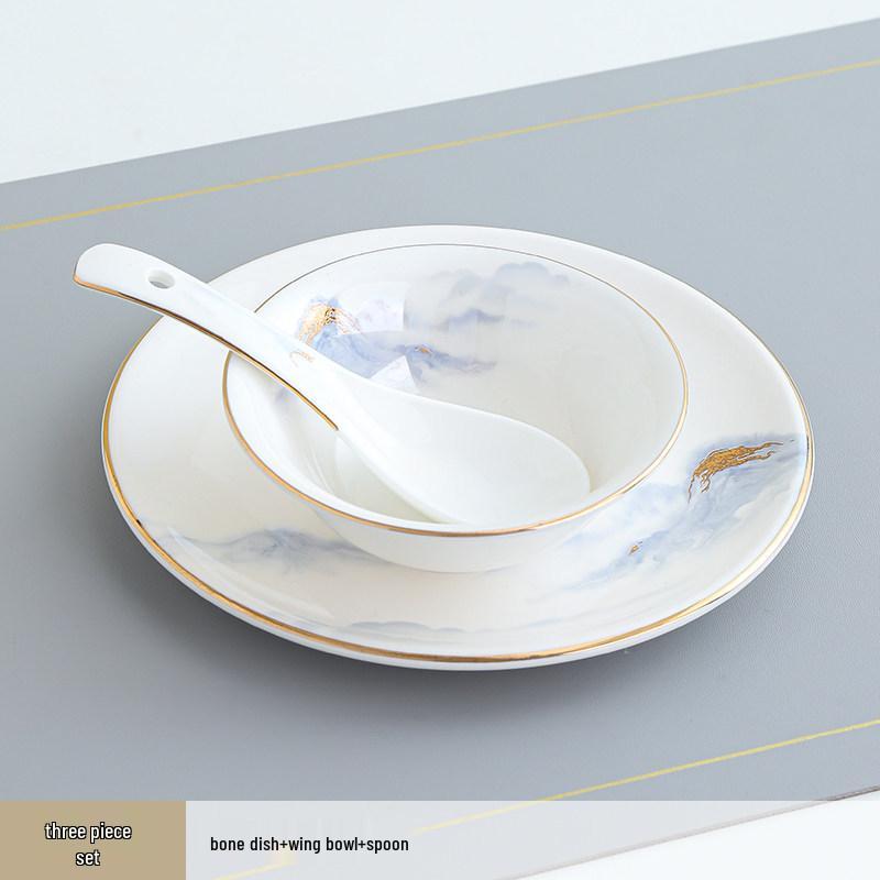 Hotel & Restaurant Gold Rim Ceramic Dinnerware Set - Plates, Bowls, Chopsticks, Spoon (4-Piece)