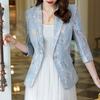 Costume Slim cu Nastur Unic pentru Doamne de Birou, Dantelă Florală Elegantă Decupată, Primăvară Vară Nou, Mâneci 3/4, Sacouri la Modă cu Guler Croit