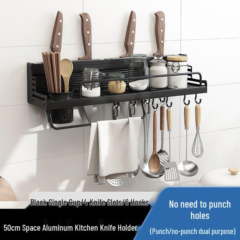 Punch-Free Aluminum Kitchen Wall Organizer: Multifunctional Rack for Utensils, Knives, Seasonings, and Chopsticks