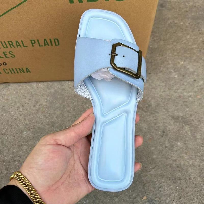 Fashion Buckle Decoration Women's Slippers 2024 Summer Flat Bottom Beach Casual Shoes Female Footwear Brand Design Soft Leather Slides