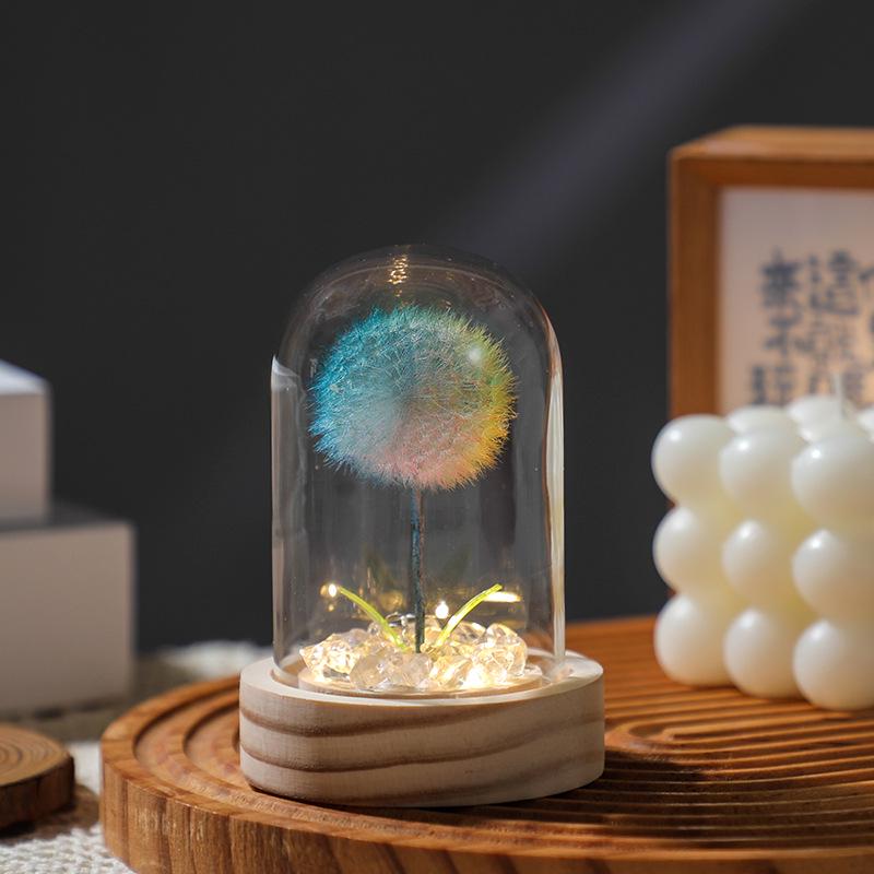 Luminous Dandelion Preserved Flower Bouquet Night Light in Glass Dome - Birthday Gift for Girls or Girlfriend