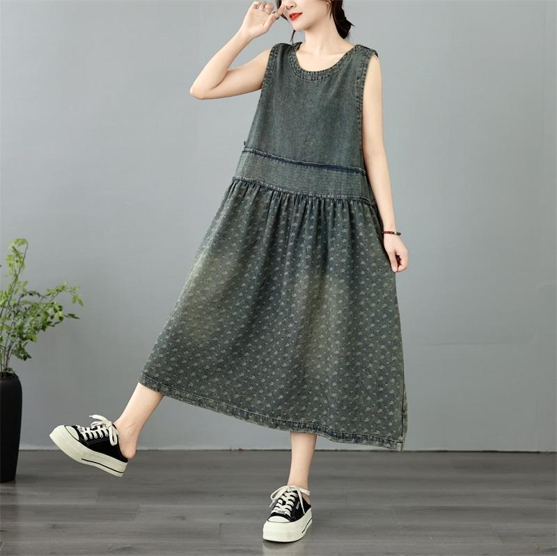 Sleeveless Plus Size Vintage Floral New In Dresses for Women Casual Loose Long Summer Denim Dress