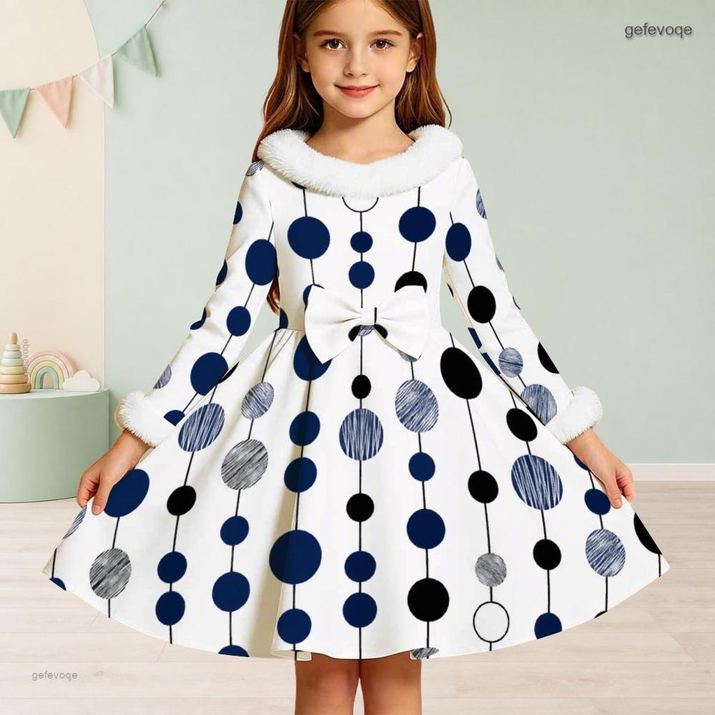 Girls High Neck Long Sleeve Geometric Printed Dress Furry Collar And Cuffs A Line Flared Hem