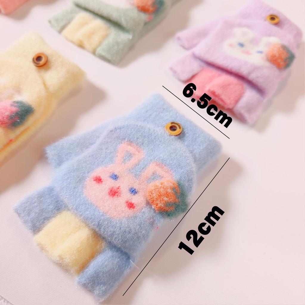 Girls' Cartoon Strawberry Rabbit Flip-Top Gloves - Warm Half-Finger, Autumn/Winter for Kids and Toddlers
