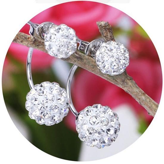 Lady U-shape Spherical Micro Rhinestone Silver Tone Ear Studs Earrings Jewelry