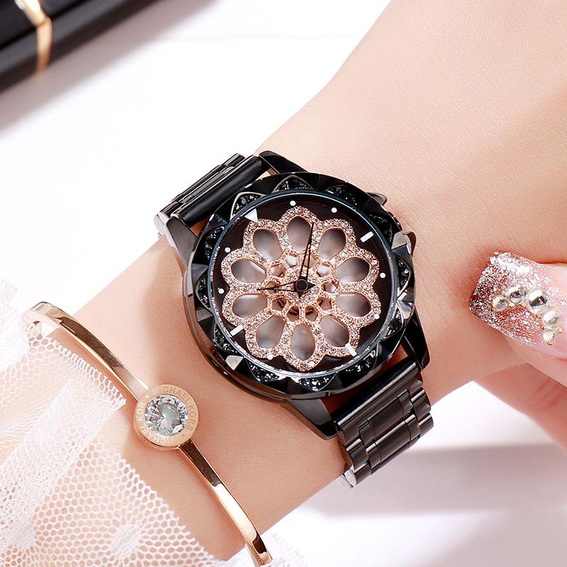 GEDI Luxusní dámské módní hodinky s diamanty, vodotěsné, s otočným rámečkem a páskem z nerezové oceli