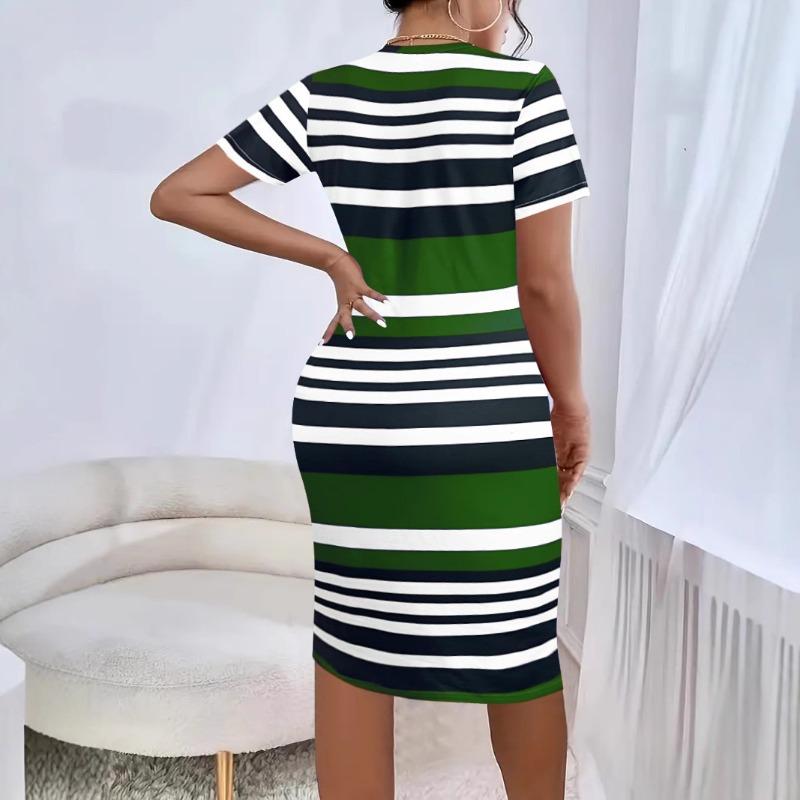 This Striped Printed Dress Is A Fashionable and Sexy Round-neck Short-sleeved Dress for Summer