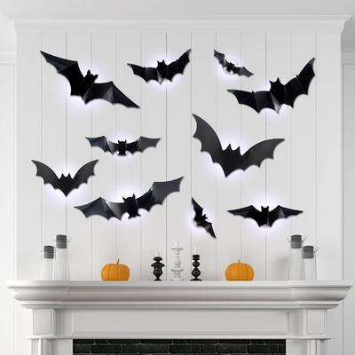 12-72pcs Halloween Black Bat Wall Stickers 3D Luminous Bat LED Night Light Scary Bedroom Wall Window Stickers Halloween Decorati
