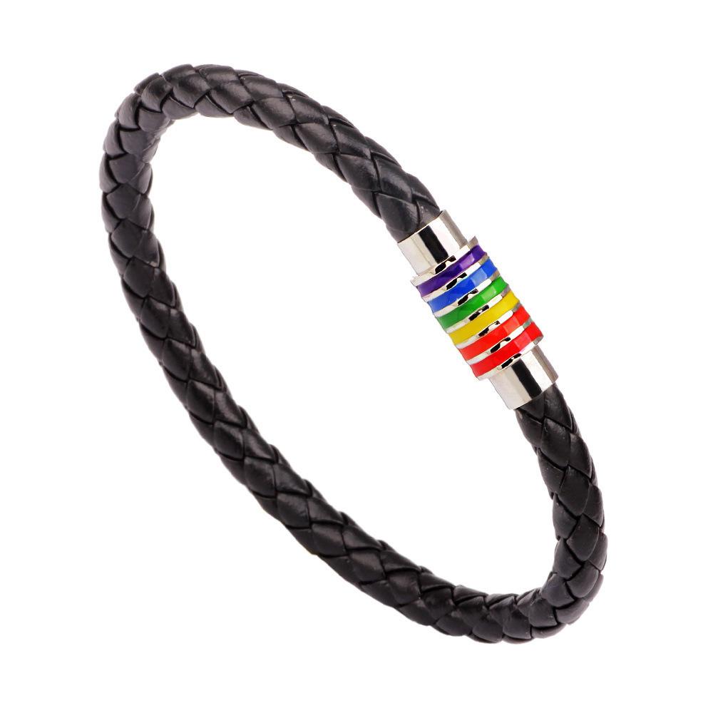 Trendige Leder-Regenbogenarmbänder mit Magnetverschluss – Buntes geflochtenes PU-Design gray