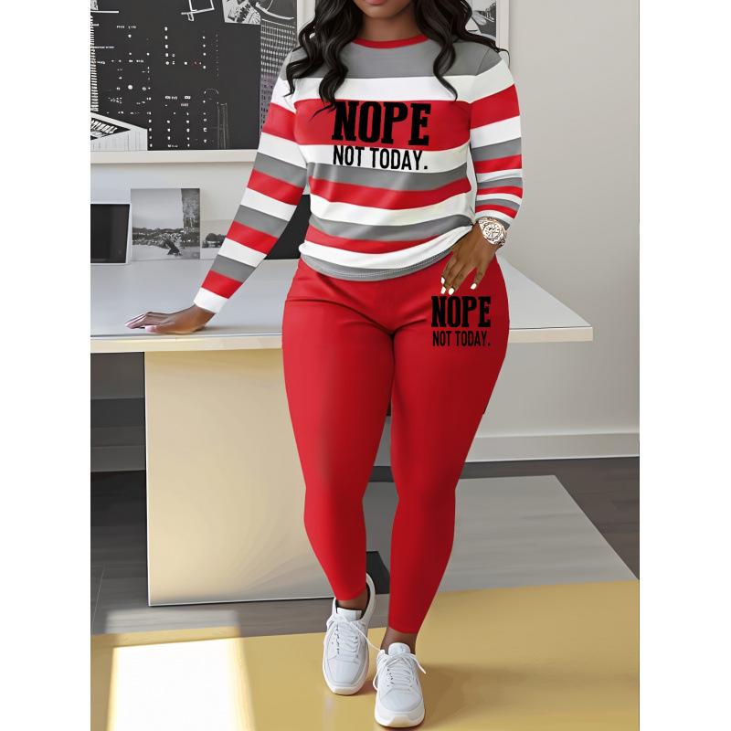 Women's Two-Piece Letter Print Striped Set: Casual Long-Sleeve T-Shirt & Sweatpants/Leggings