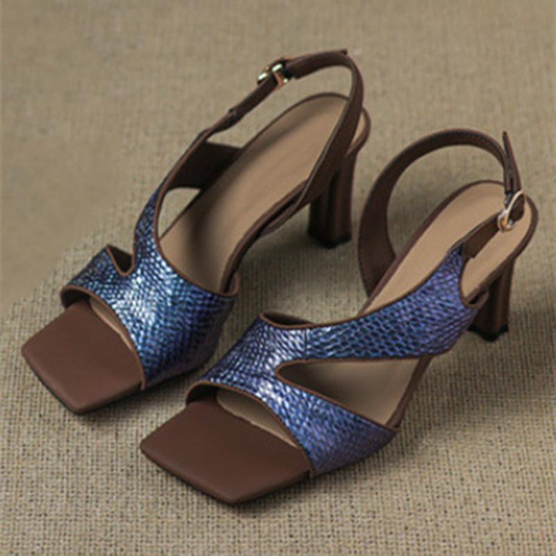 Fashion Fashion Snake Texture Leather High Heels Women Elegant Square Toe Thin Heel Sandals Summer Sexy Open Toe Dress Shoes Sandalias