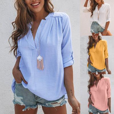 Damenmode Einfarbig Langarm Plissierter Rücken Geschlitzter Saum Hemd Bluse Damenhemd Damenbluse Mode Damenblusen