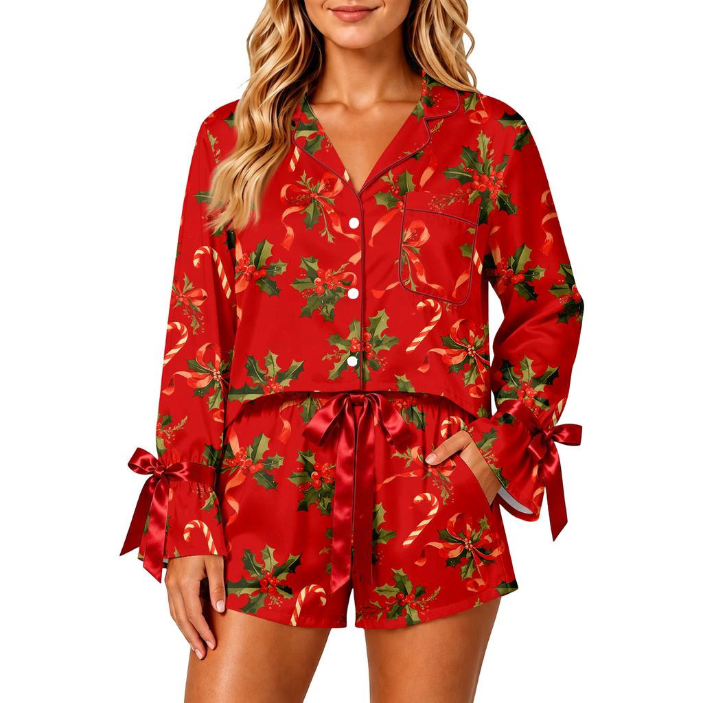 Women's Christmas Two Piece Pajama Set with Button Down Shirt and Shorts Sleepwear