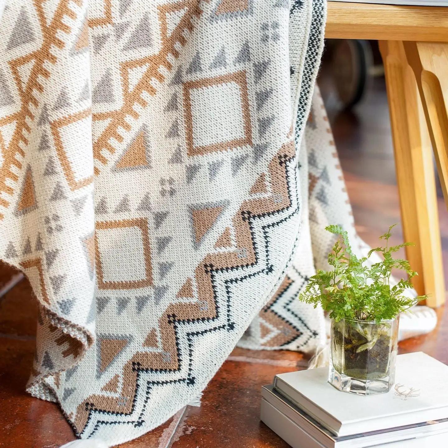 Вязаный плед для дивана Гобелен с кисточками Покрывало в стиле «Богемия» для кровати — фото 3