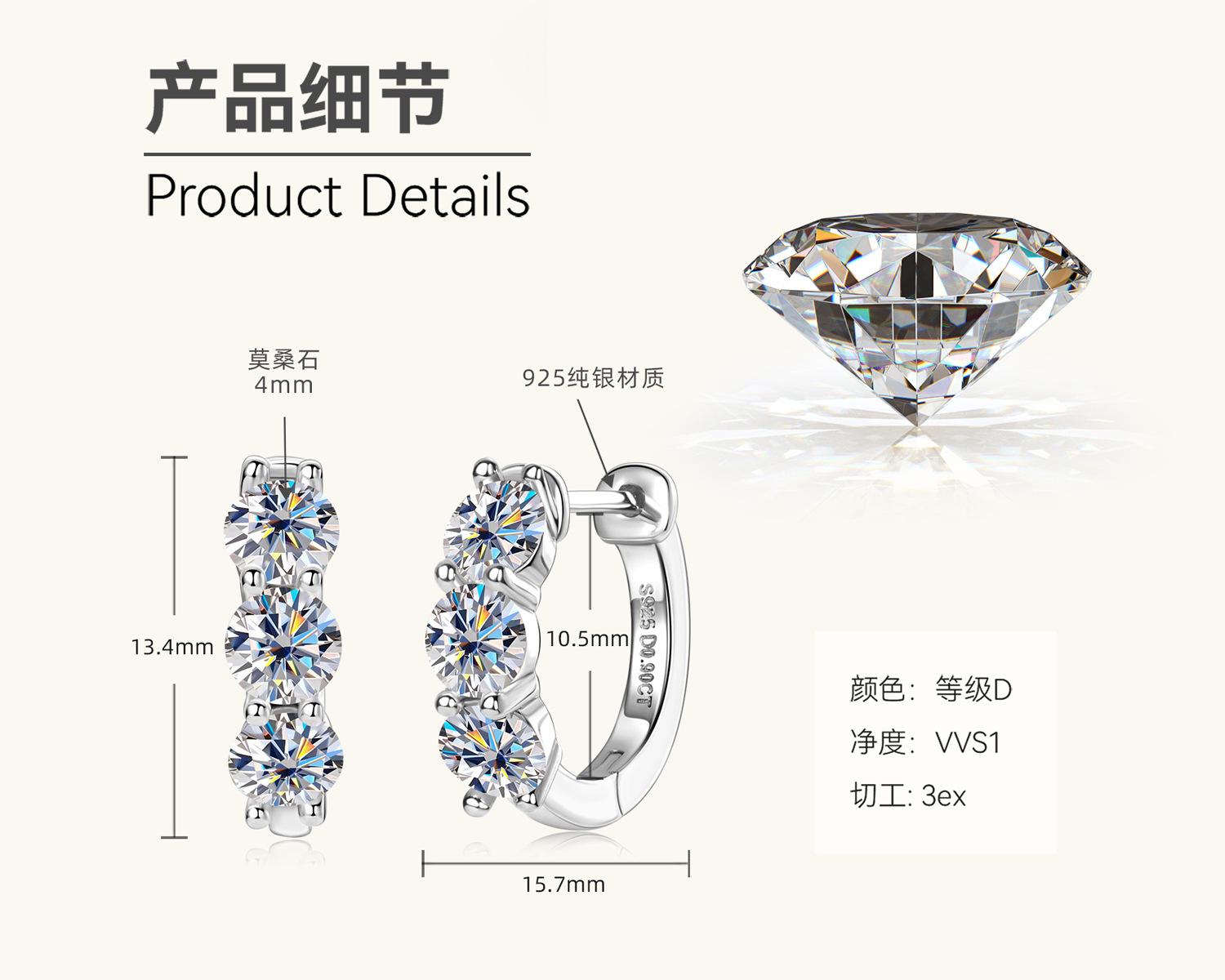 

Серьги с муассанитами в стиле Silvere Glam Fashion Light Luxury, трансграничные ретро крутые серьги из стерлингового серебра, аксессуары 0.9 carat+0.9 carat белый