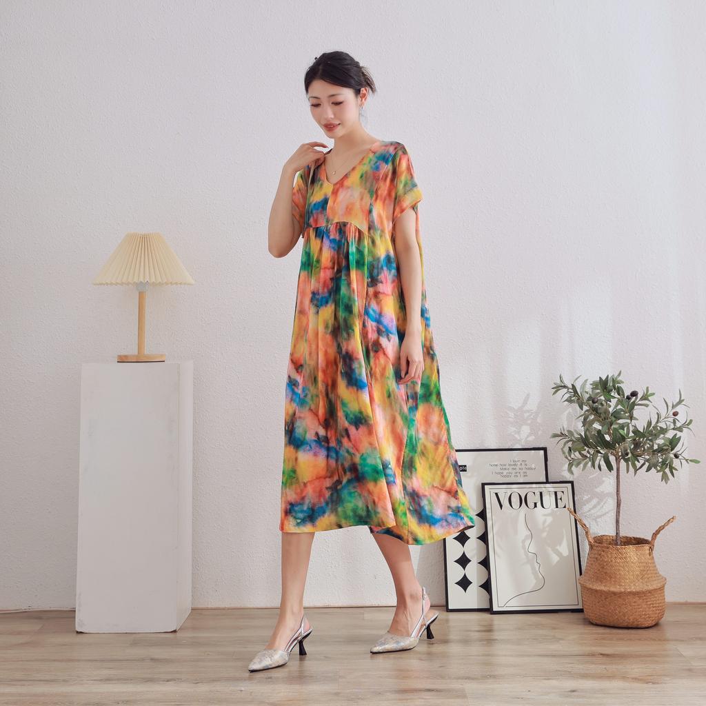 DIMANAF 2025 Women Plus Size Summer Dress V-Neck Casual Floral Dress Basic Vintage Loose Long Dress