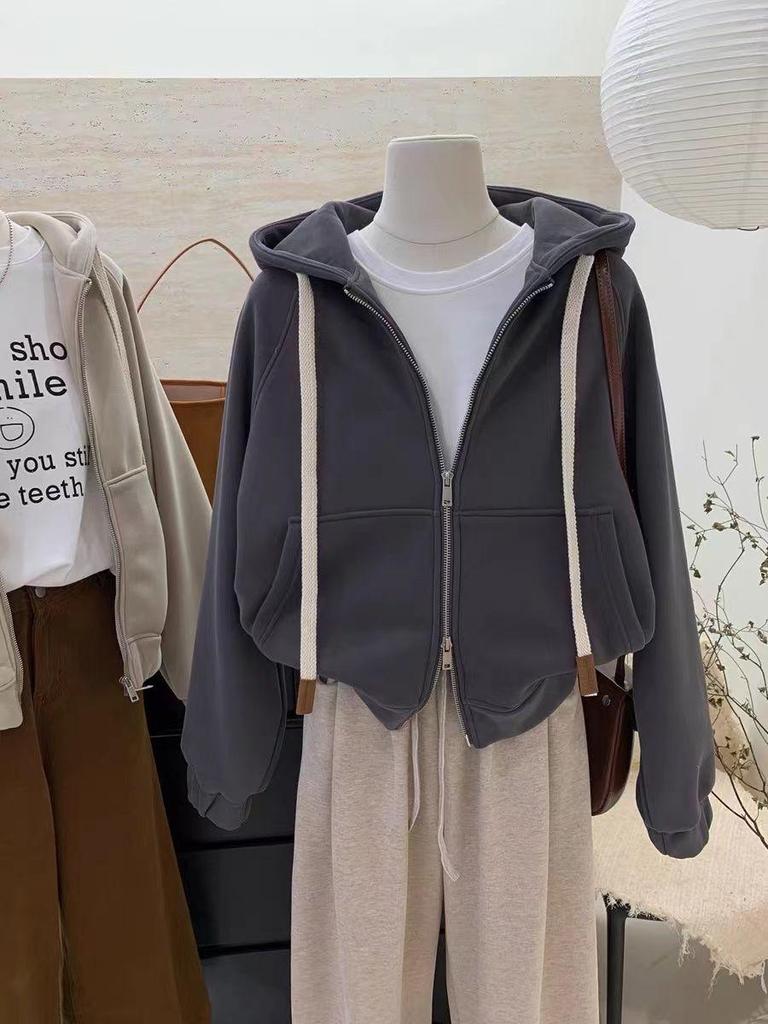 Women's Vintage Fleece-Lined Zip-Up Sweatshirt with Heart Embroidery, Double Zipper, Thick Hood, Loose Fit