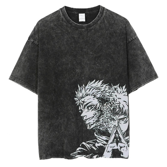 Parentchild Fashion Anime Comfortable Tshirt Jujutsu Kaisen Washed Tee Vintage Oversized Anime Graphic Men Casual Tops