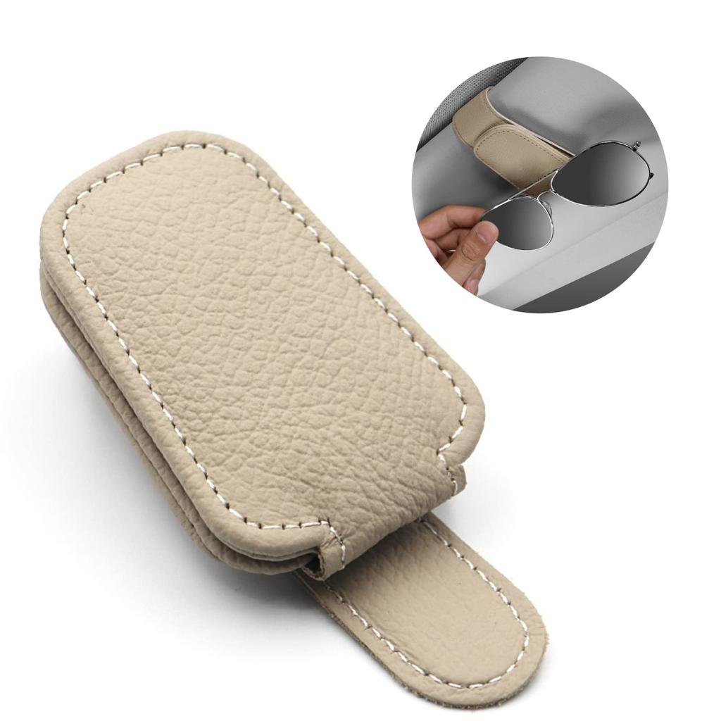 Maitya Beige Car Sun Visor Glasses Holder Leather Material Car Storage Ticket Card Sunglasses Storage Leather Sunglasses Clip Glasses Clip