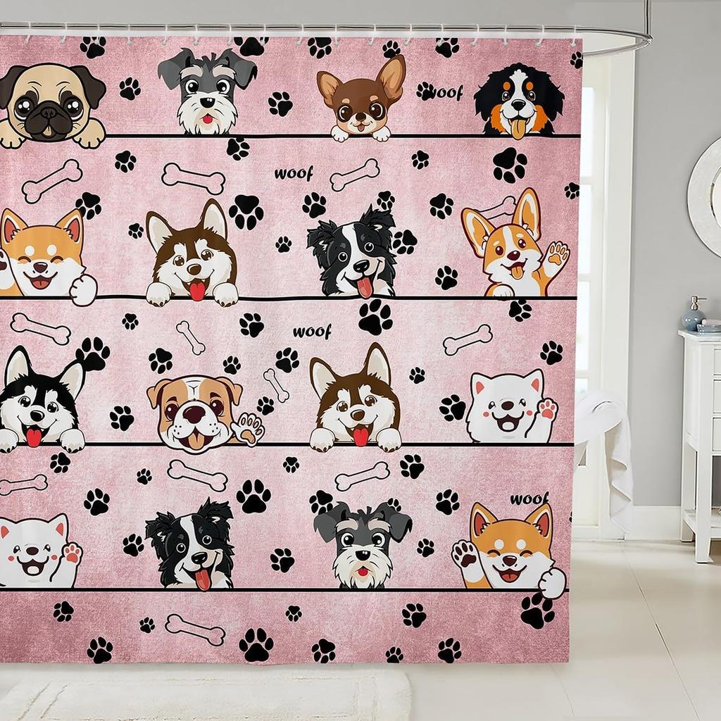 Lovely Dog Shower Curtains,Cute Puppies Cartoon Animal Bath Curtain,Paw Print Blue Cloth Fabric Bathroom Decor Set with Hooks