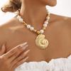Tooxika Exaggerated Hollowed Out Conch Pendant Necklace Fashion Round Beads Mixed Colour Imitation Pearl Necklace