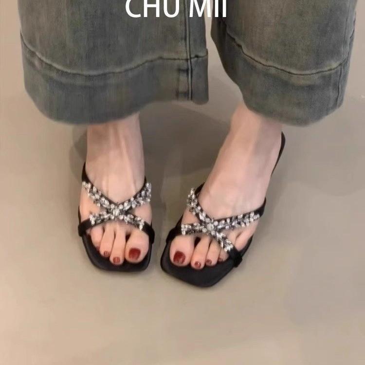 Square head medium heel shoes women's sandals summer new wear cross rhinestone slippers cool slippers