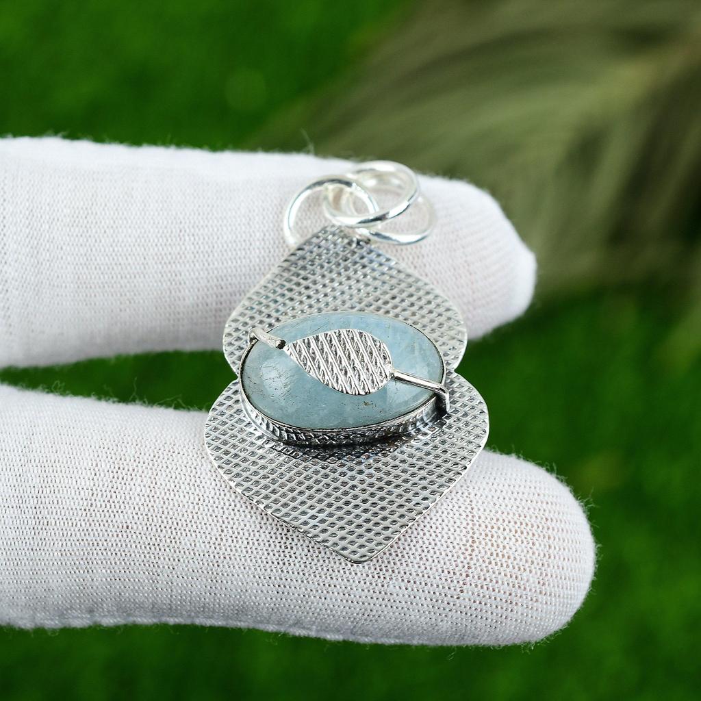 Womens Day Sale Aquamarine Stone 925 Silver Anniversary Handcrafted New Pendant